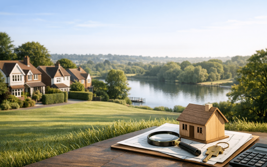 A model house sits on a desk with a magnifying glass and keys, overlooking a serene river and lush greenery of houses in the