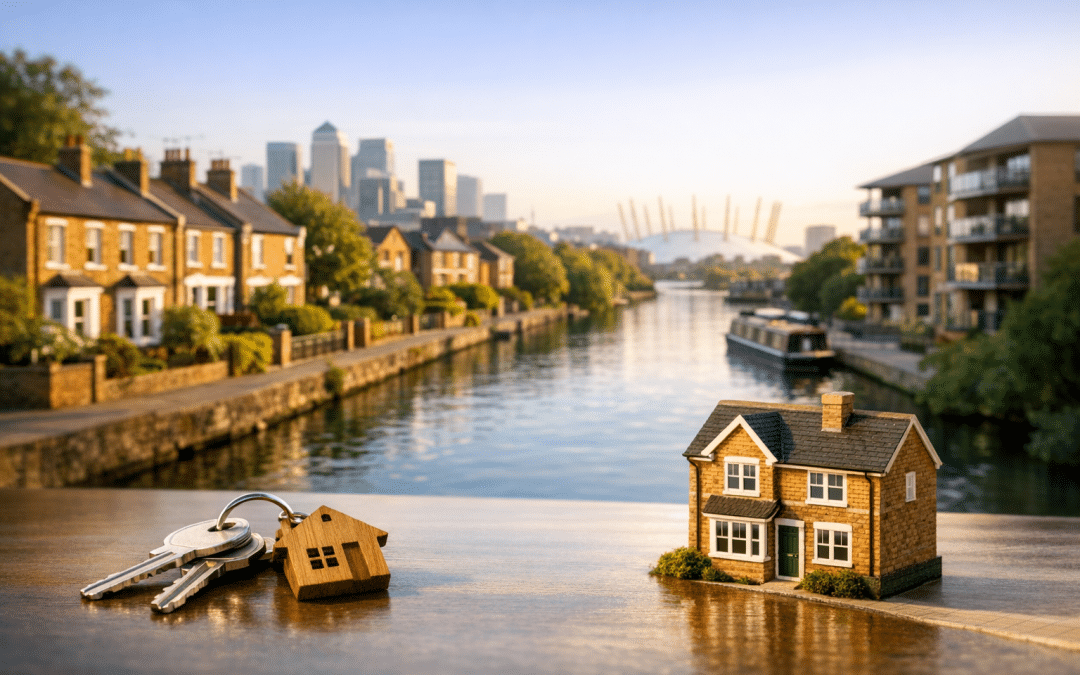 Miniature house and house keys placed on a wooden surface, overlooking a canal lined with residential buildings and a