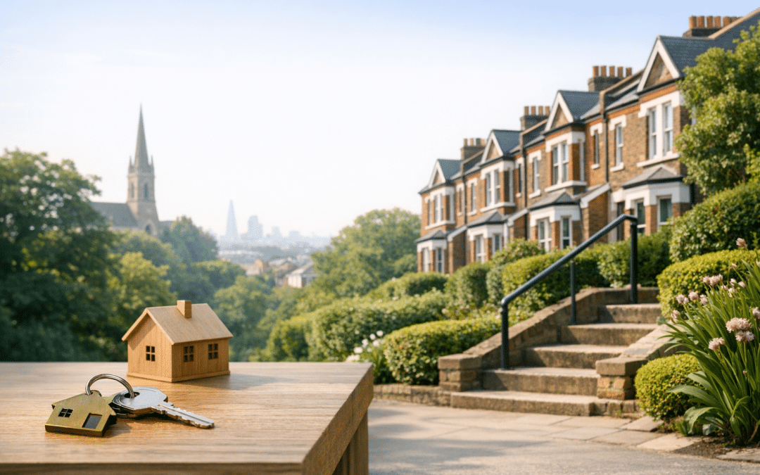 A wooden table with a house-shaped keychain and keys, overlooking a residential street of brick houses with greenery Discover essential steps to buying a home in Walthamstow.