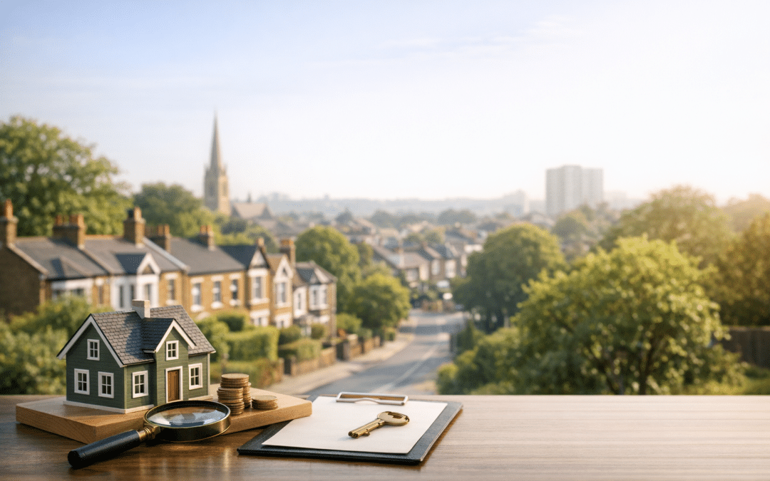 Miniature house model, coins, a magnifying glass, and a key on a wooden surface overlooking a suburban street with trees suggesting a Property valuation in Walthamstow