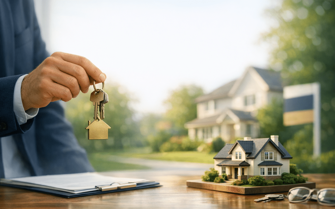 A bespoke chingford estate agent holding keys with a house-shaped keychain in front of a model house on a wooden table, with a house in the